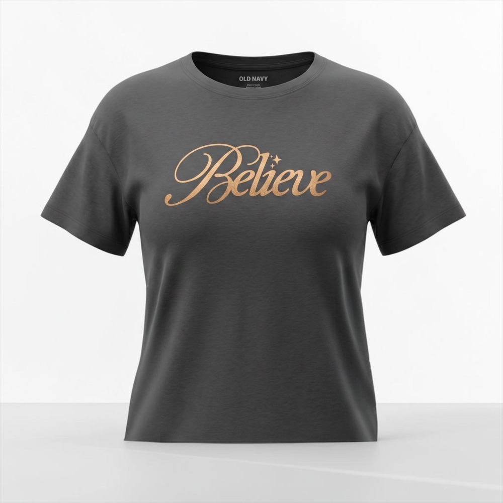 Old Navy Believe Graphic T-Shirt Gray Gold Metallic Script Short Sleeve Womens L